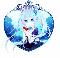  apple blue_eyes blue_flower blue_hair blue_rose choker commentary_request crown dress female flower food fruit hatsune_miku holding holding_food holding_fruit kuu_(0427) long_hair rose shiroi_yuki_no_princess_wa_(vocaloid) solo twintails vocaloid 