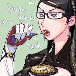  bayonetta bayonetta_(character) beauty_mark black_hair blue_eyes bodysuit breasts candy chains cleavage cleavage_cutout earrings female female glasses gloves jewelry lips lollipop long_hair lowres matagitii mole oekaki solo 