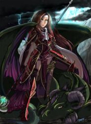  altena_(fire_emblem) armor breastplate brown_hair cape dragon female fire_emblem fire_emblem:_genealogy_of_the_holy_war fire_emblem:_thracia_776 gauntlets greaves headband highres holding holding_weapon horns long_hair looking_at_viewer pauldrons polearm shoulder_armor solo spear tempenite weapon 