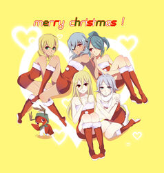  5boys afuro_terumi aphrodi blonde_hair blue_hair boots christmas crossdressing crossdressing eyepatch fubuki_shirou hair_over_one_eye highres inazuma_eleven inazuma_eleven_(series) kazemaru_ichirouta male male_focus miyasaka_ryou multiple_boys ponytail sakuma_jirou trap 