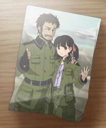  1boy age_difference bad_link beard black_hair blush brown_eyes cigarette claus_(sora_no_woto) facial_hair female fingerless_gloves gloves hair_ribbon hand_on_another&#039;s_shoulder height_difference helvetian_military_uniform highres military military_uniform one_eye_closed orz_(orz57) photo_(object) ribbon short_hair short_twintails sora_no_woto standing suminoya_kureha twintails uniform waving 