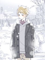  1boy blonde_hair blush brown_eyes coat commentary_request hands_in_pockets hood hoodie kanbara_akihito kyoukai_no_kanata male_focus nmunco snowing solo 