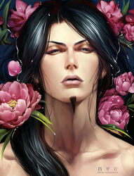  1boy black_hair character_name collarbone commentary_request dew_drop eyebrows eyelashes facial_hair flower goatee grey_eyes half-closed_eyes highres kingdom_(series) lips long_hair looking_at_viewer lying male_focus manly on_back parted_lips peony_(flower) petals petals_on_liquid photoshop_(medium) portrait realistic shouheikun solo water water_drop yona_(edenkasuga) 