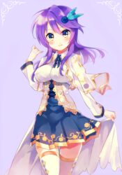  anemone_(flower_knight_girl) blue_skirt blush capelet commentary_request cowboy_shot female flower_knight_girl houzuki_michiru looking_at_viewer purple_background purple_hair shirt short_hair skirt smile solo thighhighs wrist_extended wrist_flexed yellow_eyes zettai_ryouiki 