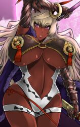  blonde_hair breasts commentary_request curvy dark-skinned_female dark_skin female gamushiro_(souren) highres huge_breasts itou_ittousai_(sengoku_bushouki_muramasa) long_hair looking_at_viewer navel parted_lips purple_eyes sengoku_bushouki_muramasa smile solo thighs underboob underwear wide_hips 