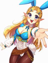  blonde_hair blush breasts bunny_ear bunny_ears bunny_girl bunny_suit bunny_tail bunnysuit clothing crystalsugarstars demigoddess female female_only hylian light-skinned_female light_skin long_hair pointy_ears princess_zelda smile solo solo_female teeth the_legend_of_zelda tongue white_background zelda_(breath_of_the_wild) 