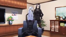  2girls animated animated black_hair blue_skin business_suit chuunibyou dullahan headless lala_(monster_musume) long_hair monster_girl monster_musume_no_iru_nichijou ms._smith multiple_girls smile standing sunglasses thighhighs white_hair 