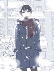  1boy black_hair breath brown_eyes coat commentary_request kyoukai_no_kanata looking_at_viewer male_focus nase_hiroomi nmunco scarf snowing solo winter_clothes winter_coat 