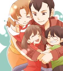  2boys 2girls affectionate bandana black_hair brother_and_sister brown_hair caroline_(pokemon) closed_eyes earrings family father_and_daughter father_and_son glasses group_hug hagino_aki hug husband_and_wife jewelry lowres max_(pokemon) may_(pokemon) mother_and_daughter mother_and_son multiple_boys multiple_girls norman_(pokemon) pokemon pokemon_(anime) pokemon_rse_(anime) red_bandana short_hair short_hair_with_long_locks siblings smile 