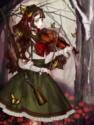  antique_firearm bad_id bad_pixiv_id bare_tree bonnet brown_hair bug butterfly caplock chin_strap choker female firelock flower forest frilled_skirt frills green_eyes gun highres instrument jewelry long_hair multicolored_hair nature original outdoors photoshop_(medium) ribbon school_uniform serafuku shikishima_(eiri) skirt solo tree two-tone_hair violin weapon white_hair 