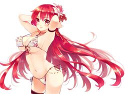  armpits bikini breasts cattleya_(flower_knight_girl) cowboy_shot flower flower_knight_girl frills front-tie_bikini front-tie_top hair_flower hair_ornament houzuki_michiru large_breasts long_hair looking_at_viewer navel orchid red_eyes red_hair side-tie_bikini smile solo swimsuit white_background 