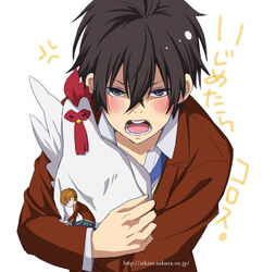  1boy bad_id bad_pixiv_id bird black_hair brown_hair chicken female long_hair low_twintails male_chicken mini_person minigirl mizutani_shizuku nagoya_(kaibutsu-kun) necktie plaid school_uniform short_hair skirt tonari_no_kaibutsu-kun twintails uzura_yuuno yoshida_haru 