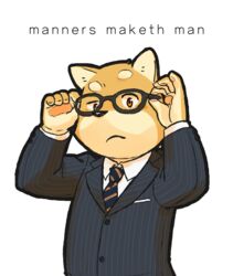  2015 amber_eyes anthro black_nose business_suit canid canine canis clothed clothing domestic_dog english_text eyewear fur glasses harry_hart holding_object jeck kingsman_the_secret_service male mammal multicolored_body multicolored_fur necktie orange_eyes pawpads reaction_image shiba_inu shirt solo spitz suit text topwear two_tone_body two_tone_fur 