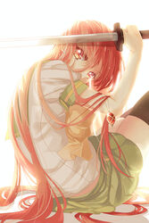  black_thighhighs bow commentary_request covered_mouth female green_skirt hair_between_eyes holding jewelry long_hair looking_at_viewer necklace pendant pose red_eyes red_hair school_uniform serafuku shakugan_no_shana shana short_sleeves sitting skirt solo sword thighhighs very_long_hair wataru_kuri weapon white_background yellow_bow zettai_ryouiki 