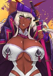  arm_up blonde_hair breasts commentary_request dark-skinned_female dark_skin female gamushiro_(souren) highres huge_breasts itou_ittousai_(sengoku_bushouki_muramasa) katana looking_down navel purple_eyes sengoku_bushouki_muramasa smile solo sword underboob weapon 