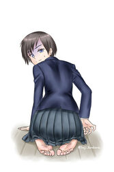  ass bad_id bad_pixiv_id barefoot brown_hair feet female full_body highres jacket looking_back pleated_skirt purple_eyes school_uniform seiza short_hair simple_background sitting skirt soles solo souji_kurokawa sweatdrop toes white_background 