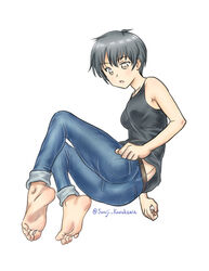  bad_id bad_pixiv_id bare_shoulders barefoot belt black_hair brown_eyes collarbone denim feet female full_body highres jeans pants short_hair simple_background sitting soles solo souji_kurokawa tank_top toes white_background 