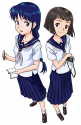  2girls blue_eyes blue_hair braid brown_hair camera character_request commentary_request freckles kaimuu_(fahrenheit724) long_hair multiple_girls notebook owari_noriko pencil school_uniform serafuku short_hair single_braid smile taishou_yakyuu_musume 