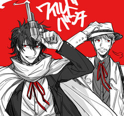  2boys bad_id bad_pixiv_id butch_cassidy_(drifters) drifters facial_hair gloves gun handgun hat monochrome moustache multiple_boys scarf short_hair smirk spot_color sundance_kid_(drifters) teeth weapon yakumo_(ykm) 