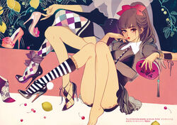  2girls argyle_clothes argyle_legwear asymmetrical_legwear bag black_bra black_dress blunt_bangs bow bra bracelet brown_eyes brown_hair commentary_request dress finger_to_mouth floral_background hairbow handbag high_heels holding holding_bag jewelry legs lipstick long_hair looking_at_viewer makeup matsuo_hiromi multiple_girls original out_of_frame parted_lips ponytail red_bow red_lips see-through shoes single_shoe single_thighhigh sitting socks striped_clothes striped_socks thighhighs underwear uneven_legwear watermark wristband 