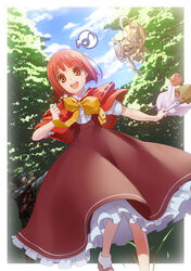  1boy 2girls :d akai_ringo_(ookami-san) animal_costume animal_ears apple basket big_bad_wolf blunt_bangs bob_cut bow capelet commentary_request costume dress food forest fruit grimm&#039;s_fairy_tales hunter_(little_red_riding_hood) kousou little_red_riding_hood little_red_riding_hood_(grimm) looking_at_viewer morino_ryoushi multiple_girls musical_note name_connection nature object_namesake ookami-san ookami_ryouko open_mouth photoshop_(medium) red_eyes red_hair short_hair slingshot_(weapon) smile tail wolf_ears wolf_tail 