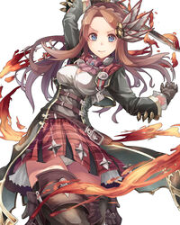  bad_id bad_pixiv_id blue_eyes boots breasts brown_hair carren_(granblue_fantasy) female fire gloves granblue_fantasy hair_ornament highres long_hair looking_at_viewer medium_breasts panties pantyshot plaid plaid_skirt saraki skirt smile solo sword thigh_boots thighhighs underwear weapon 