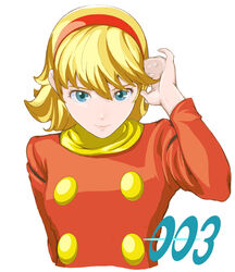  blonde_hair cyborg_009 female francoise_arnoul green_eyes highres scarf sharakuryousuke short_hair simple_background smile solo white_background 