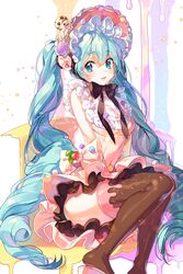  :d black_bow black_bowtie black_thighhighs blue_eyes blue_hair bonnet bow bowtie commentary_request curly_hair dress female food food-themed_clothes food-themed_hair_ornament frills fruit hair_ornament hatsune_miku ice_cream long_hair nishita open_mouth sitting smile solo sprinkles strawberry thighhighs twintails very_long_hair vocaloid 