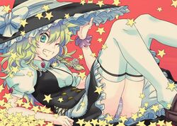  apron aqua_eyes arm_support blonde_hair blue_eyes bow braid breasts brooch buttons commentary_request cross-laced_clothes female flower from_side grin hair_between_eyes hair_flower hair_ornament hand_on_headwear hat hat_bow jewelry kirisame_marisa legs_up long_hair looking_at_viewer lying mattie md5_mismatch medium_breasts on_back one_eye_closed panties pantyshot petticoat puffy_short_sleeves puffy_sleeves purple_panties reclining red_background shoes short_sleeves side_braid simple_background skirt smile solo star_(symbol) striped_clothes striped_panties thighhighs touhou underwear waist_apron wavy_hair white_panties white_thighhighs witch_hat wristband 