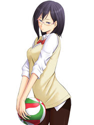  black_eyes black_hair bonnie_(rsg) commentary_request female glasses haikyuu!! looking_at_viewer mole mole_under_mouth pantyhose photoshop_(medium) shimizu_kiyoko solo volleyball 