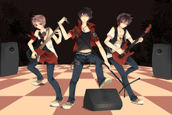  3boys alternate_costume amplifier armband band bass_guitar commentary_request electric_guitar guitar headphones highres instrument jikei male_focus microphone microphone_stand multiple_boys multiple_persona no_headwear pokemon pokemon_adventures pokemon_frlg pokemon_rgby red_(pokemon) speaker 