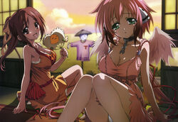  2girls absurdres blush bow breasts brown_hair casual choker cleavage cloud green_eyes hairbow hand_fan highres ikaros imageboard_desourced large_breasts looking_back mitsuki_sohara multiple_girls non-web_source nyantype official_art okayama_shinako open_mouth panties pantyshot pink_eyes ponytail red_hair scarecrow short_hair sky sora_no_otoshimono sunset underwear wings 