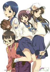  4girls absurdres baseball baseball_bat baseball_cap baseball_mitt blue_eyes blue_hair bob_cut braid brown_eyes brown_hair flower glasses hair_flower hair_ornament hairclip hat hat_tip highres japanese_clothes kawashima_noe koutaro long_hair midriff multiple_girls ogasawara_akiko scan school_uniform serafuku short_hair suzukawa_koume taishou_yakyuu_musume tsukubae_tomoe 