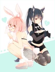  2girls animal_ears black_hair bow bowtie brown_eyes cat_ears cleavage_cutout clothing_cutout commentary_request glasses gloves heart kuriyama_mirai kyoukai_no_kanata long_hair multiple_girls nase_mitsuki nmunco pink_hair rabbit_ears rabbit_tail red_eyes short_hair shorts tail thighhighs torn_clothes torn_thighhighs 