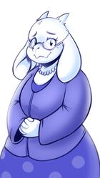  2015 anthro blue_and_white boss_monster_(undertale) bovid caprine clothing digital_media_(artwork) eyewear female fur glasses hi_res horn jewelry long_ears mammal meganemausu monochrome necklace smile solo toriel undertale undertale_(series) white_body white_fur 