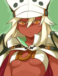  belt_bra blonde_hair breasts cape colored_eyelashes commentary_request dark-skinned_female dark_skin female guilty_gear guilty_gear_xrd hat highres kuroshin long_hair looking_at_viewer orange_eyes ramlethal_valentine small_breasts solo underboob upper_body white_hair 