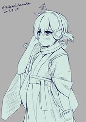  antennae commentary_request dated female folded_ponytail futami_kazuha gloves hakama hakama_skirt headphones japanese_clothes kantai_collection kasuga_maru_(kancolle) kimono monochrome scarf single_glove skirt solo taiyou_(kancolle) twitter_username 