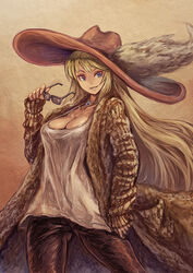  awilda_(p&amp;d) blonde_hair breasts cleavage coat collarbone commentary_request contemporary female hat hat_feather jewelry large_breasts long_hair mole mole_under_eye necklace photoshop_(medium) puzzle_&amp;_dragons shouma_(bravespiritya) smirk solo sunglasses very_long_hair 