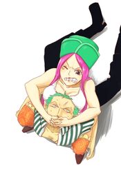  1boy black_pants female green_hair hands_over_mouth hat jewelry_bonney lipstick makeup one_piece open_clothes open_shirt pants patterned_legwear piercing pink_hair pirate roronoa_zoro sabaody_archipelago scar shirt show-nosuke striped striped_shirt teeth thighhighs wrestling 