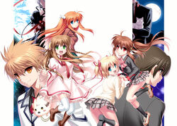  3boys 5girls black_legwear blazer blonde_hair blue_eyes boots brown_hair canine chibi-moth commentary_request company_connection crossover dress earth_(planet) feline flower full_moon green_eyes hair_flower hair_ornament jacket kagari_(rewrite) kamikita_komari kanbe_kotori kazamatsuri_institute_high_school_uniform key_(company) knee_boots kneehighs lennon little_busters! little_busters!_school_uniform long_hair moon multiple_boys multiple_girls naoe_riki natsume_kyousuke natsume_rin ootori_chihaya orange_eyes orange_hair photoshop_(medium) plaid plaid_skirt planet ponytail red_eyes rewrite school_uniform shoes short_hair skirt sneakers socks tennouji_kotarou thighhighs wing_hair_ornament zen_(kamuro) 