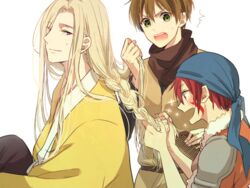  2boys alfreed_(arslan_senki) arslan_senki bandana blonde_hair braid braiding_hair brown_hair commentary_request elam facial_mark female green_eyes hairdressing long_hair multiple_boys narsus nmunco purple_eyes red_hair short_hair 