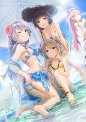  4girls :d ;) animal_ears ass bad_id bad_twitter_id barefoot beach_umbrella benghuai_xueyuan bikini bikini_skirt blue_bikini blue_eyes blue_sky braid breasts bronya_zaychik brown_eyes brown_hair chair day drill_hair dutch_angle earrings flower food fox_ears from_behind fruit grey_hair hair_flower hair_ornament hair_over_shoulder hands_on_own_knees hat highres honkai_(series) honkai_impact_3rd jewelry kiana_kaslana kneeling large_breasts layered_bikini lens_flare long_hair looking_at_viewer looking_back lounge_chair multiple_girls necklace o-ring o-ring_bikini o-ring_top off_shoulder one_eye_closed open_mouth outdoors pink_bikini pink_hair pinuett ponytail purple_eyes purple_hair raiden_mei sandals see-through shirt short_twintails side_braid sitting sky small_breasts smile straw_hat stud_earrings sunlight swimsuit twin_drills twintails umbrella very_long_hair wading watermelon wet wet_clothes wet_hair wet_shirt white_bikini yae_sakura yellow_bikini 