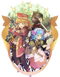  3girls :p animal_ears apron backpack bad_id bad_pixiv_id bag belt blonde_hair blue_eyes blue_hair book brown_hair cat_ears cat_tail crossed_arms flower gloves hat highres maid_headdress monkey multiple_girls original photoshop_(medium) ponytail serenade_(sinohi) short_hair sword tail tongue tongue_out weapon yellow_eyes 