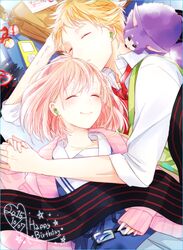  1boy bag blonde_hair blush candy closed_eyes commentary_request couple digital_media_player earphones female food glasses happy_birthday holding_hands kanbara_akihito kuriyama_mirai kyoukai_no_kanata lollipop nmunco pink_hair school_uniform shared_earphones sleeping smile straight sweater unworn_eyewear 