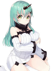  abyssal_ship blush breasts commentary_request cosplay detached_sleeves dress female green_eyes green_hair highres horns kantai_collection kou_mashiro large_breasts long_hair long_sleeves ribbed_dress seaport_princess seaport_princess_(cosplay) short_dress single_horn solo suzuya_(kancolle) white_background white_dress 