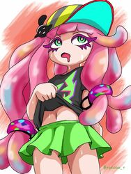  3:4 adolescent animal_humanoid anthozoan anthozoan_humanoid baseball_cap bodily_fluids bottomwear clothed clothing clothing_lift cnidarian cnidarian_humanoid drooling eyelashes female green_eyes hair harmony_(splatoon) hat headgear headwear hi_res humanoid long_hair marine marine_humanoid midriff navel nintendo pink_hair pleated_skirt portrait saliva sea_anemone_humanoid shirt shirt_lift sideways_baseball_cap skirt solo splatoon sweat t-shirt takobe three-quarter_portrait topwear young 