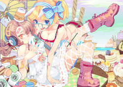  2girls animal_ears bad_id bad_pixiv_id bandaid bandaid_on_arm bandaid_on_face bandaid_on_forehead bandaid_on_nose blonde_hair blue_eyes blue_nails bracelet breasts cake cleavage coffee drinking drinking_straw dripping fingernails fishnet_pantyhose fishnets food glasses hair_ornament hairclip headphones intravenous_drip jewelry long_fingernails macaron medium_breasts multicolored_nails multiple_girls nail_polish original pantyhose parasol photoshop_(medium) ponytail product_placement rabbit_ears rabbit_tail red_nails serenade_(sinohi) shorts small_breasts starbucks tail umbrella white_pantyhose yellow_eyes 