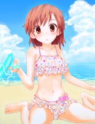  :o ass_visible_through_thighs barefoot beach bikini brown_eyes brown_hair cloud commentary_request day electricity electrokinesis female frilled_bikini frills hiiragi_mitsuna medium_hair misaka_mikoto navel outdoors polka_dot psychic red_eyes sitting solo swimsuit toaru_kagaku_no_railgun toaru_majutsu_no_index wariza water_gun 