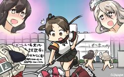  3girls akagi_(kancolle) ass ayanami_(kancolle) blush bow breasts brown_eyes brown_hair building commentary dated drooling hairbow hamu_koutarou highres kantai_collection light_brown_hair long_hair medium_breasts miniskirt multiple_girls nude open_mouth outdoors pleated_skirt pola_(kancolle) polearm ponytail running sasumata school_uniform skirt standing standing_on_one_leg sweeping symbol-shaped_pupils translated wavy_mouth weapon 