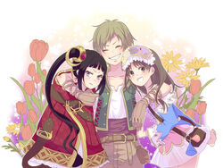  1boy 2girls atelier_(series) atelier_totori bad_id bad_pixiv_id bag belt black_hair blue_sleeves brown_hair closed_eyes flower gino_knab gloves hat jewelry mimi_houllier_von_schwarzlang multiple_girls pomeko side_ponytail smile totooria_helmold tulip vest 